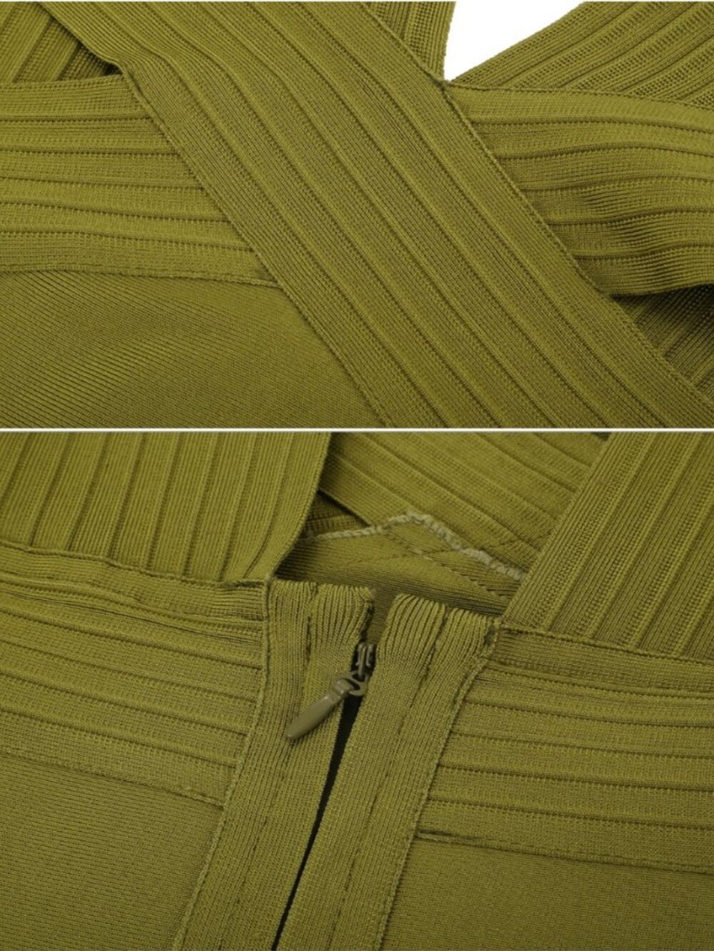 Olive Green Wide Shoulder Strap Open Back Bandage Bodycon Deep V Dress | M - Picture 7 of 9
